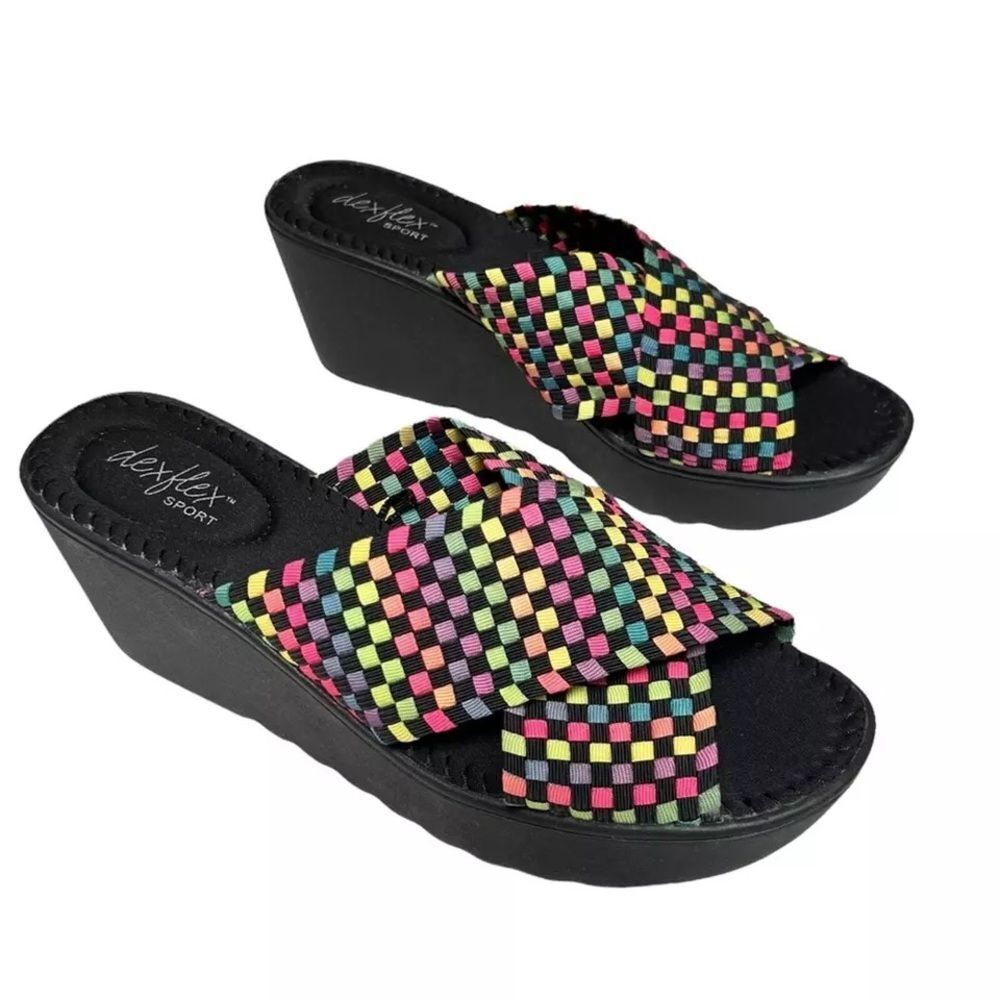 Dex flex Sports Rainbow Check Stretch Chunky Platform Wedge Ws, Sandals Size 10